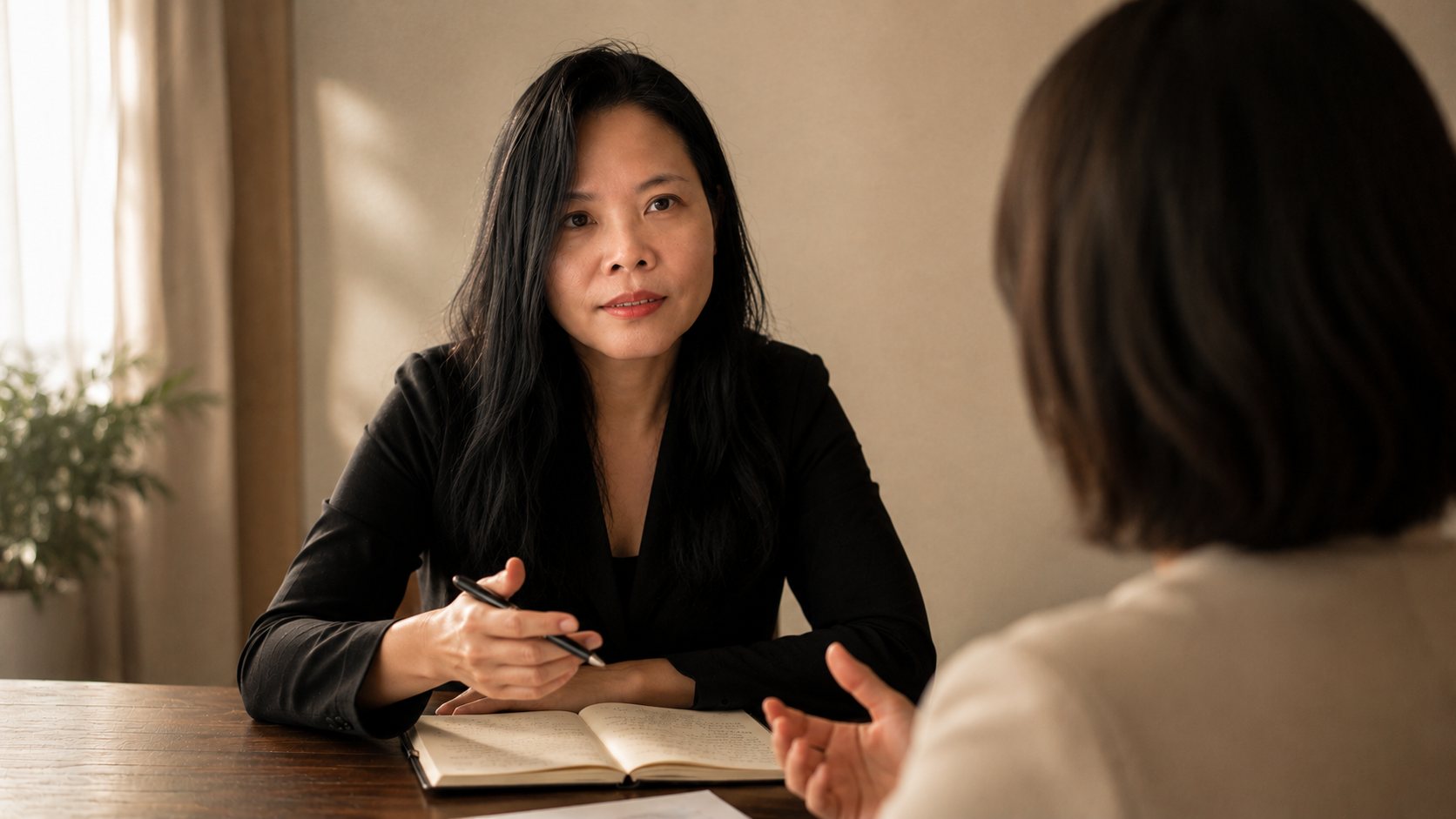 Ayni across a wooden table from a client, the client's log open between them, listening